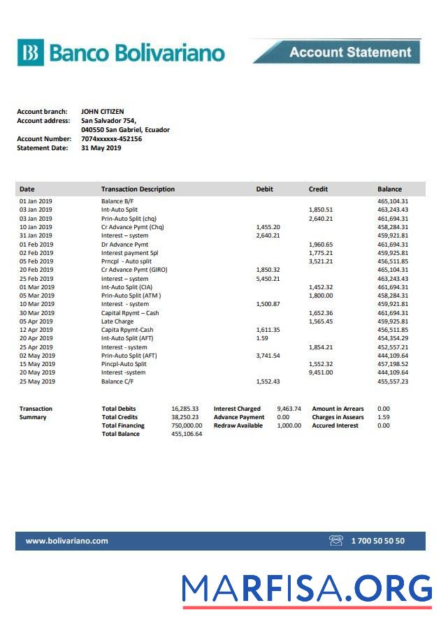 Realistic Ecuador Banco Bolivariano bank statement word example